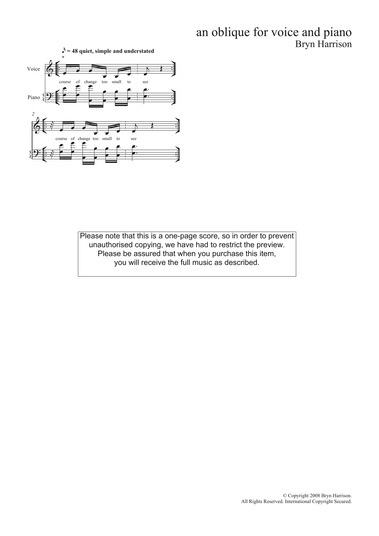 Download Bryn Harrison An Oblique (for mezzo-soprano & piano) Sheet Music and learn how to play Piano & Vocal PDF digital score in minutes