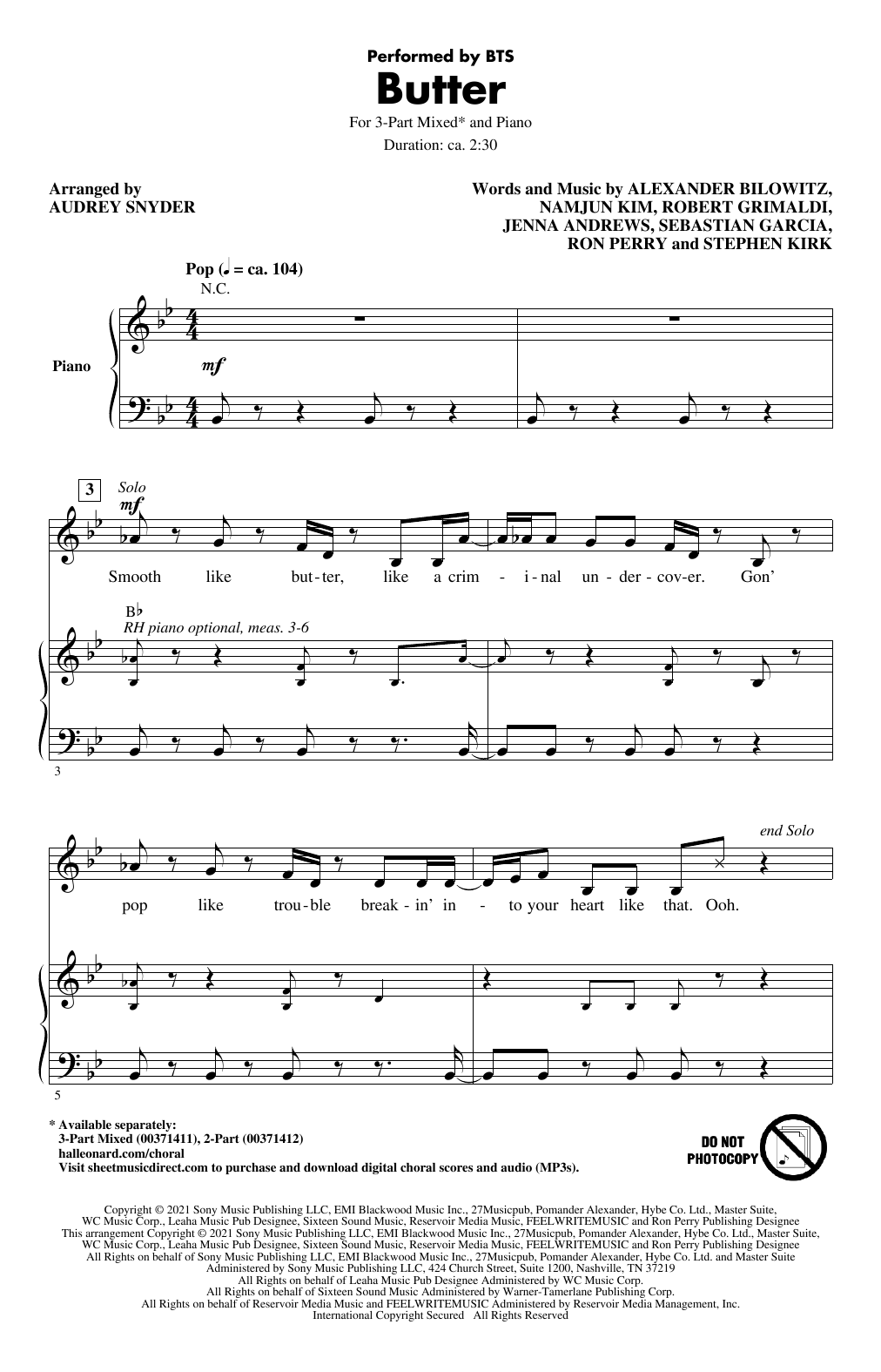 Download BTS Butter (arr. Audrey Snyder) Sheet Music and learn how to play 2-Part Choir PDF digital score in minutes