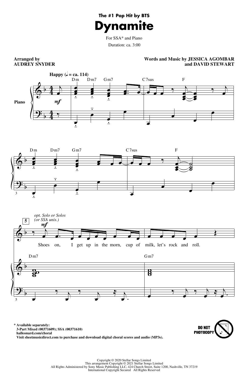 Download BTS Dynamite (arr. Audrey Snyder) Sheet Music and learn how to play SSA Choir PDF digital score in minutes