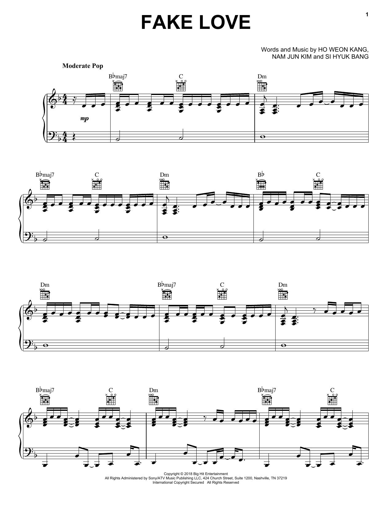 Download BTS Fake Love Sheet Music and learn how to play Piano Solo PDF digital score in minutes
