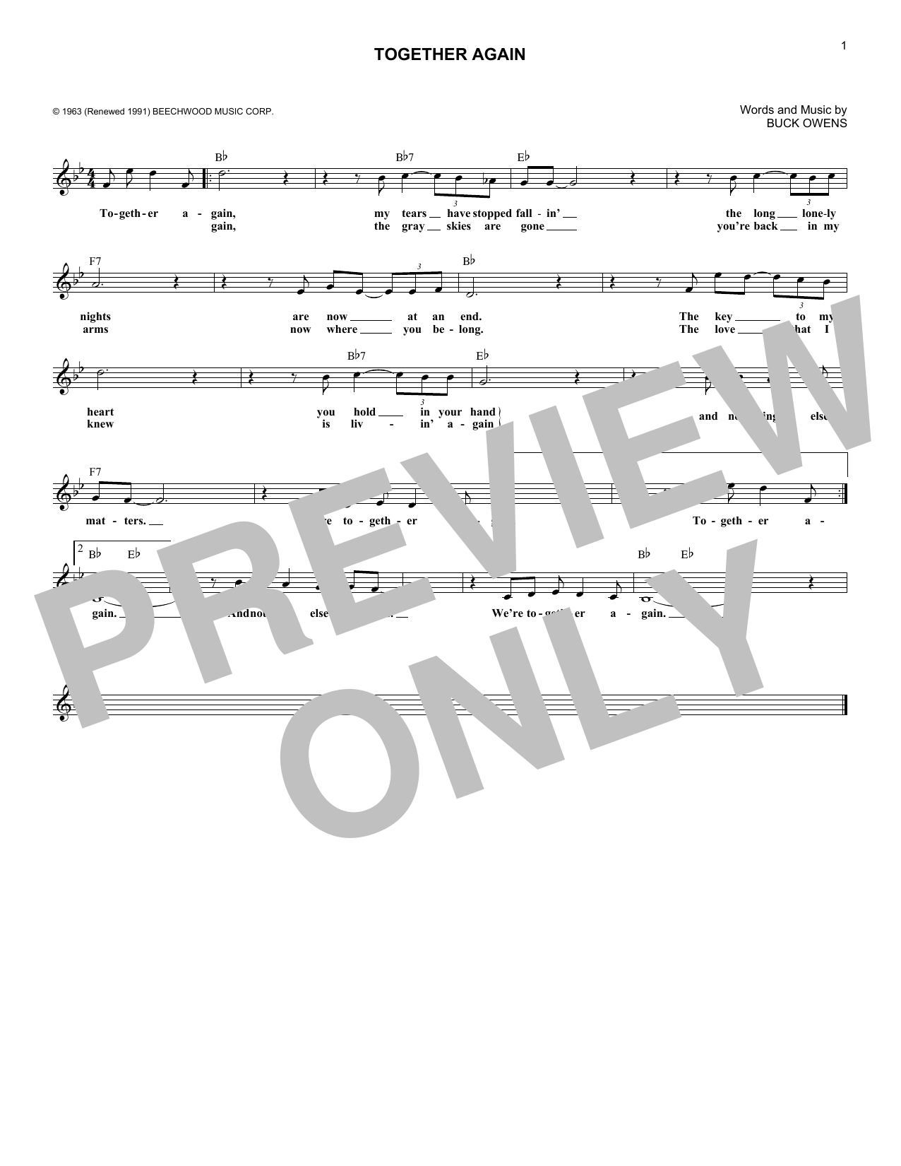 Download Buck Owens Together Again Sheet Music and learn how to play Melody Line, Lyrics & Chords PDF digital score in minutes