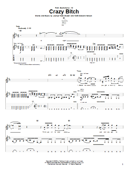 Download Buckcherry Crazy Bitch Sheet Music and learn how to play Guitar Lead Sheet PDF digital score in minutes