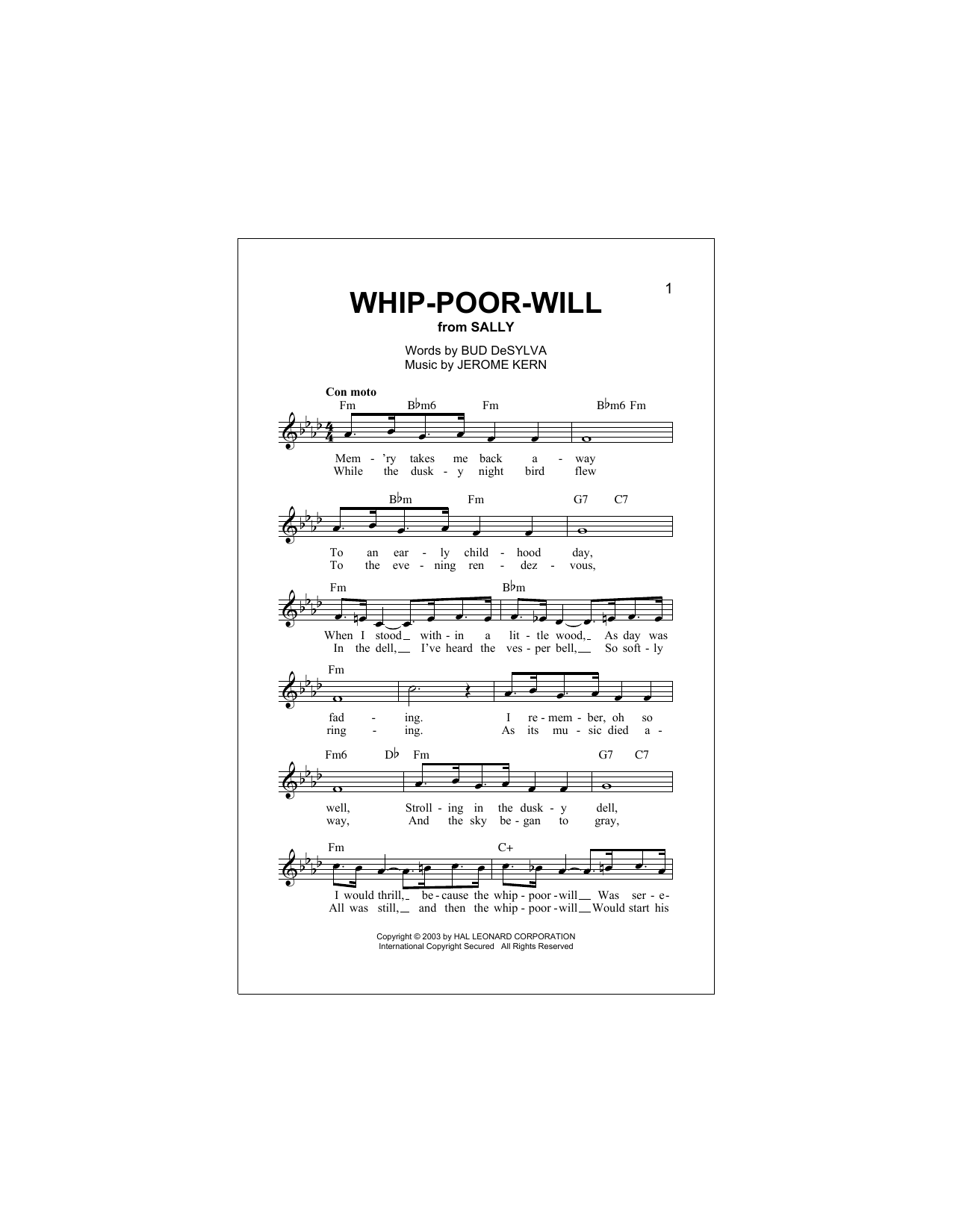 Download Buddy DeSylva Whip-Poor-Will Sheet Music and learn how to play Melody Line, Lyrics & Chords PDF digital score in minutes