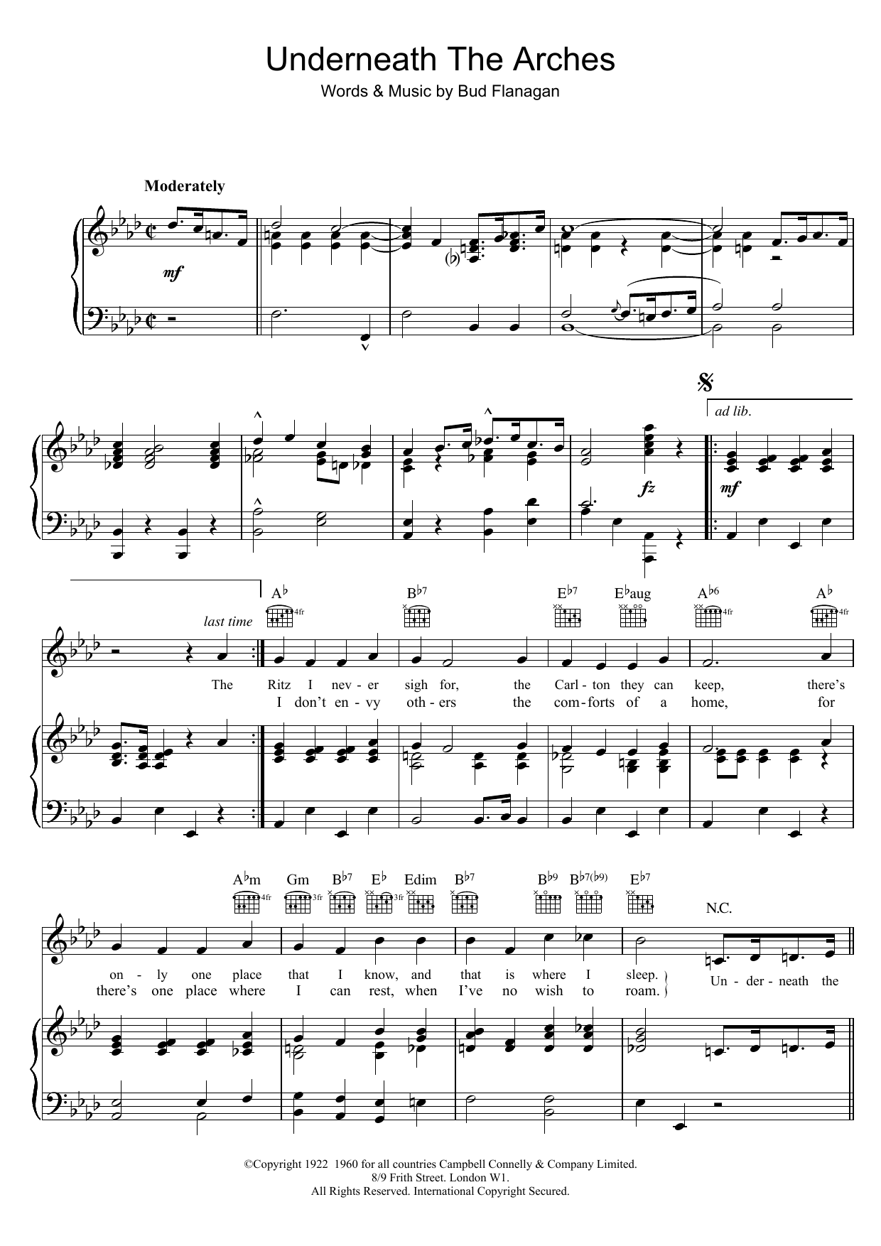 Download Bud Flanagan Underneath The Arches Sheet Music and learn how to play Piano, Vocal & Guitar (Right-Hand Melody) PDF digital score in minutes