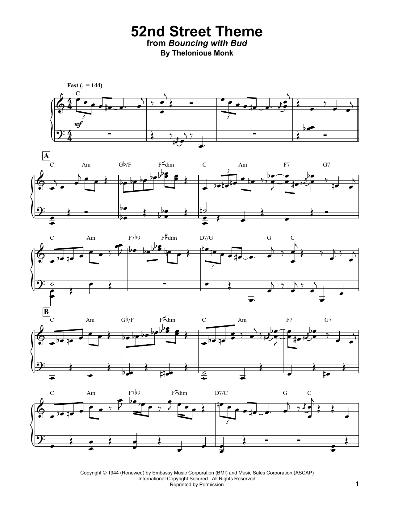 Download Bud Powell 52nd Street Theme Sheet Music and learn how to play Piano Transcription PDF digital score in minutes
