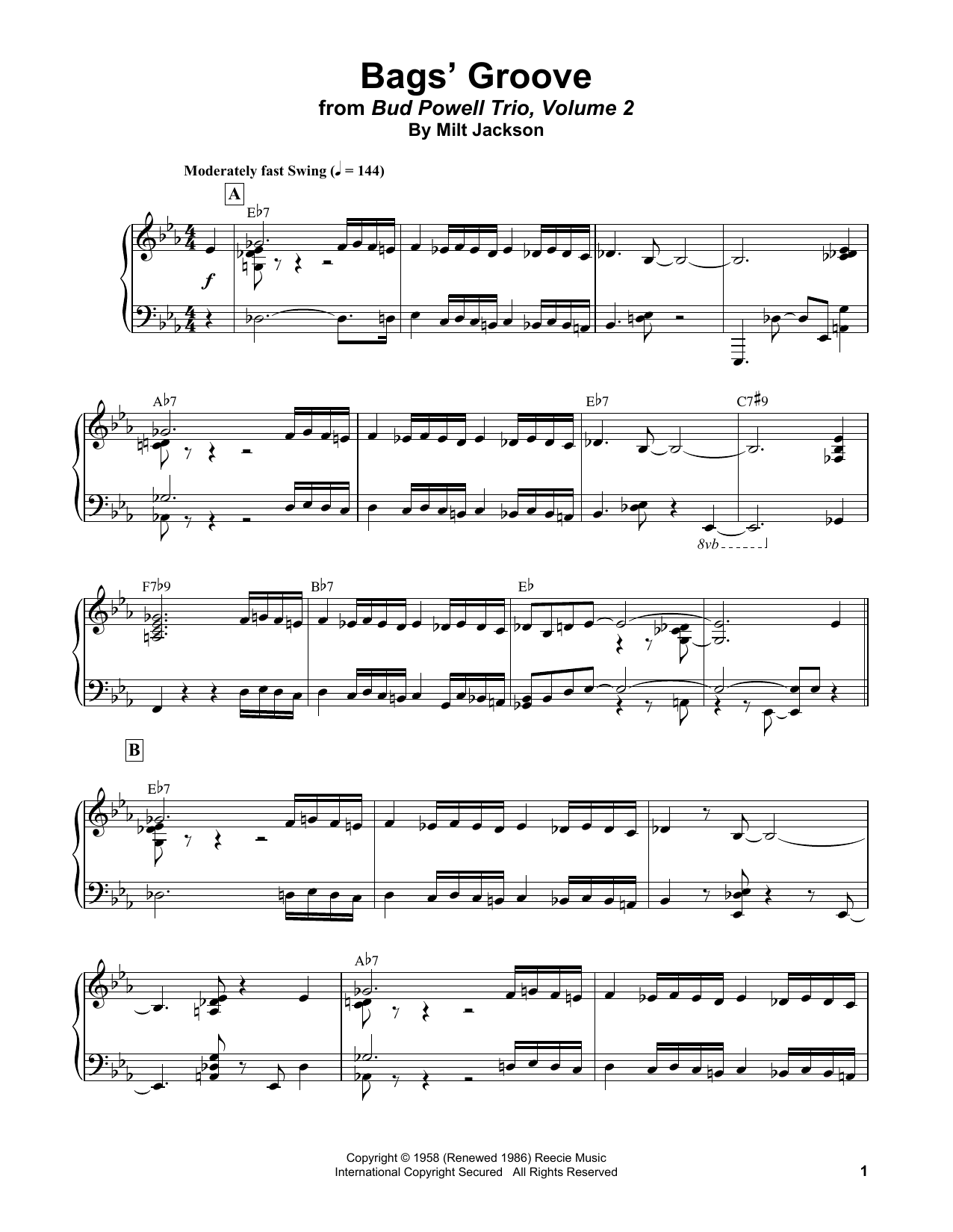 Download Bud Powell Bags' Groove Sheet Music and learn how to play Piano Transcription PDF digital score in minutes