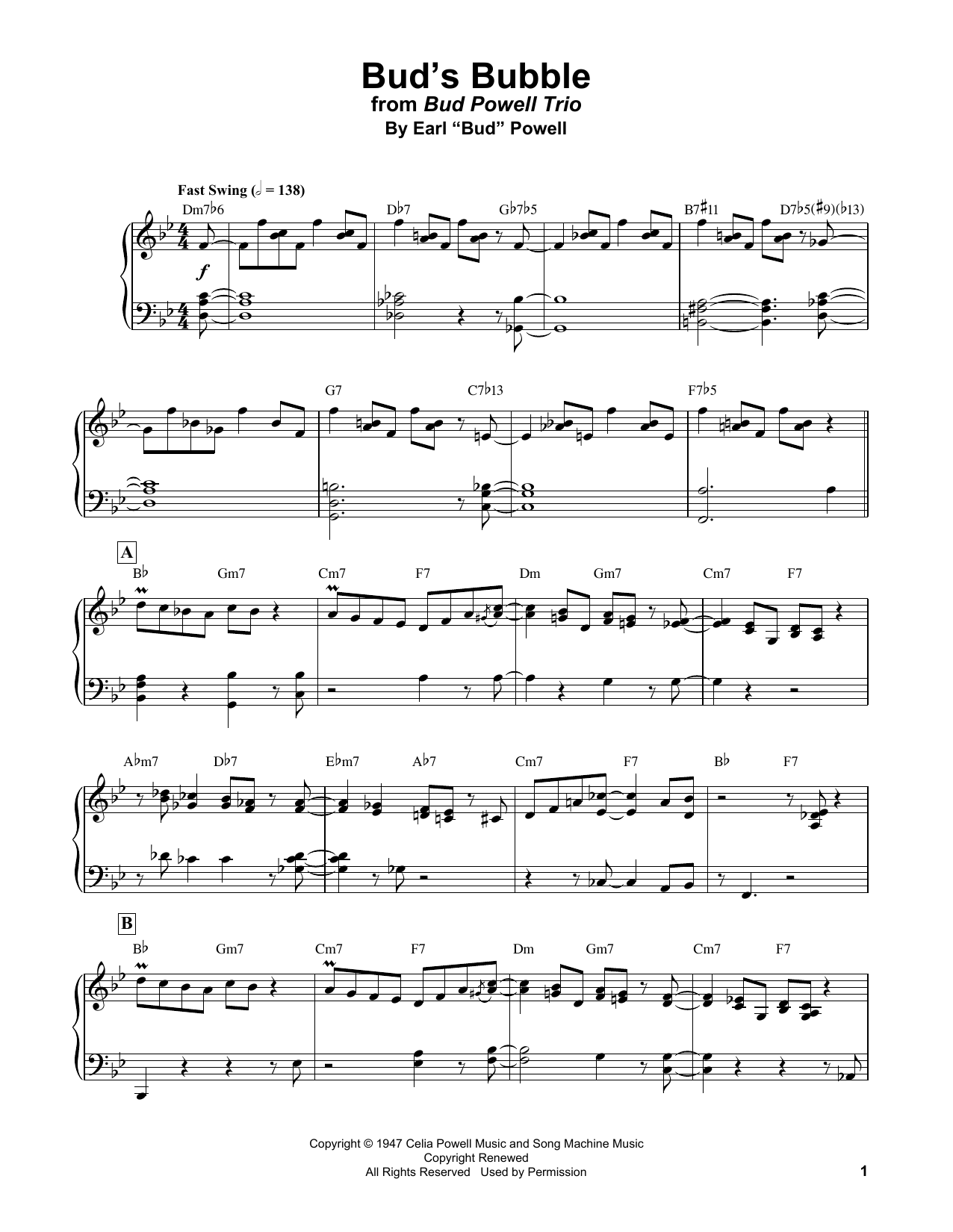 Download Bud Powell Bud's Bubble Sheet Music and learn how to play Piano Transcription PDF digital score in minutes
