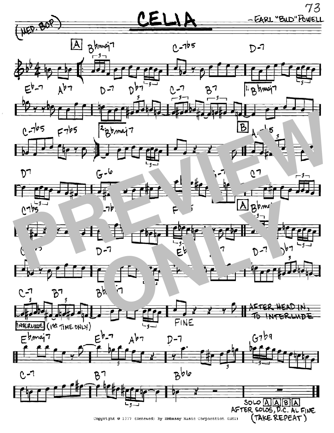 Download Bud Powell Celia Sheet Music and learn how to play Real Book - Melody & Chords - C Instruments PDF digital score in minutes