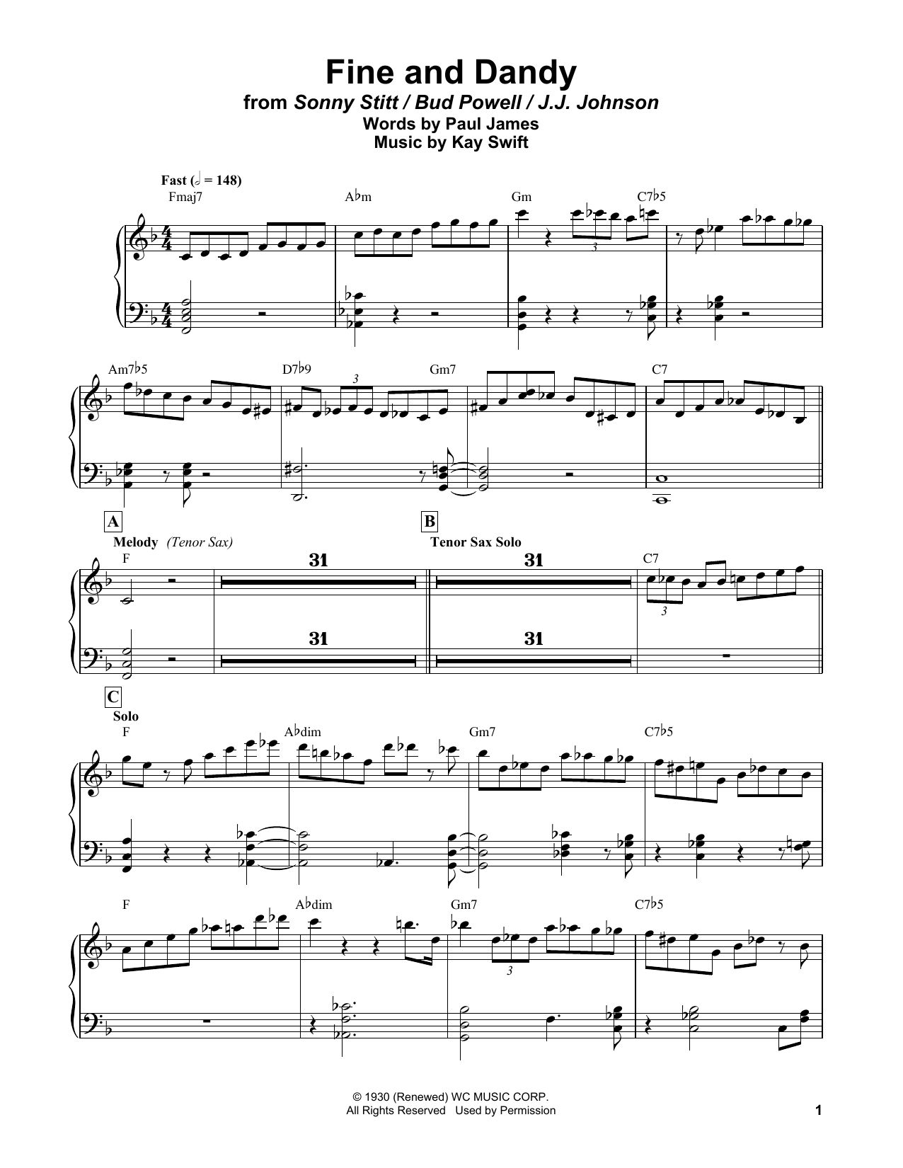 Download Bud Powell Fine And Dandy Sheet Music and learn how to play Piano Transcription PDF digital score in minutes