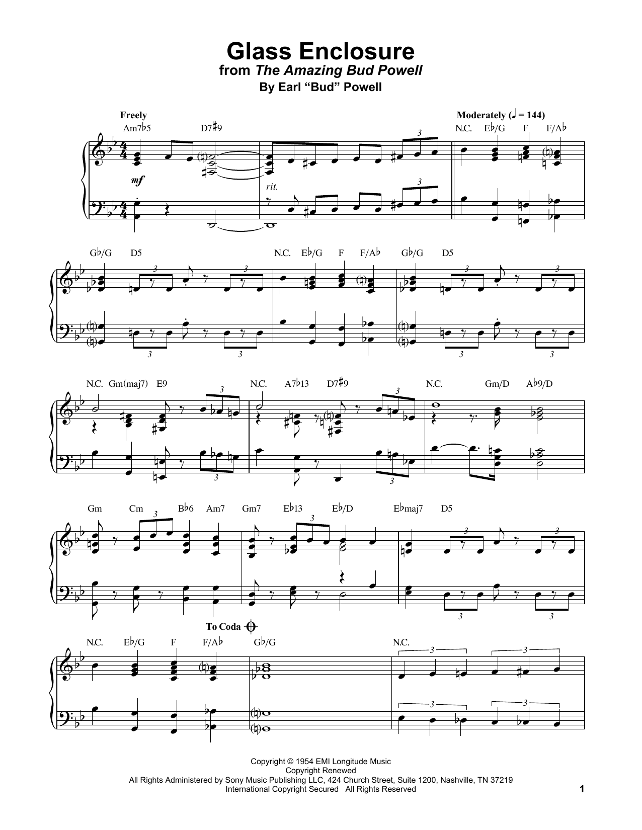 Download Bud Powell Glass Enclosure Sheet Music and learn how to play Piano Transcription PDF digital score in minutes