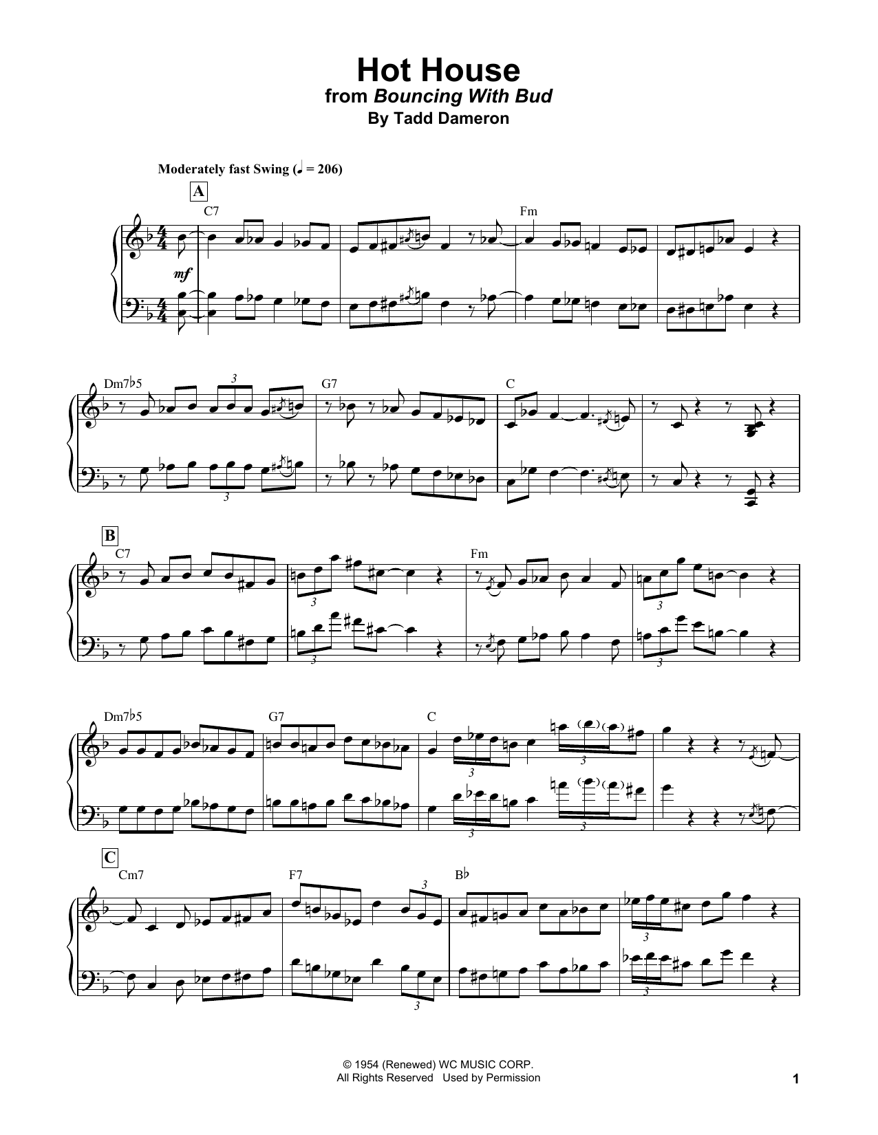 Download Bud Powell Hot House Sheet Music and learn how to play Piano Transcription PDF digital score in minutes