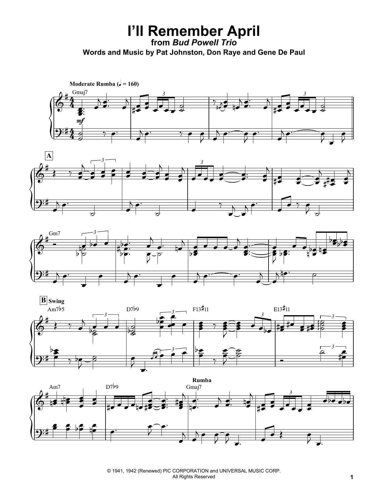Download Bud Powell I'll Remember April Sheet Music and learn how to play Piano Transcription PDF digital score in minutes