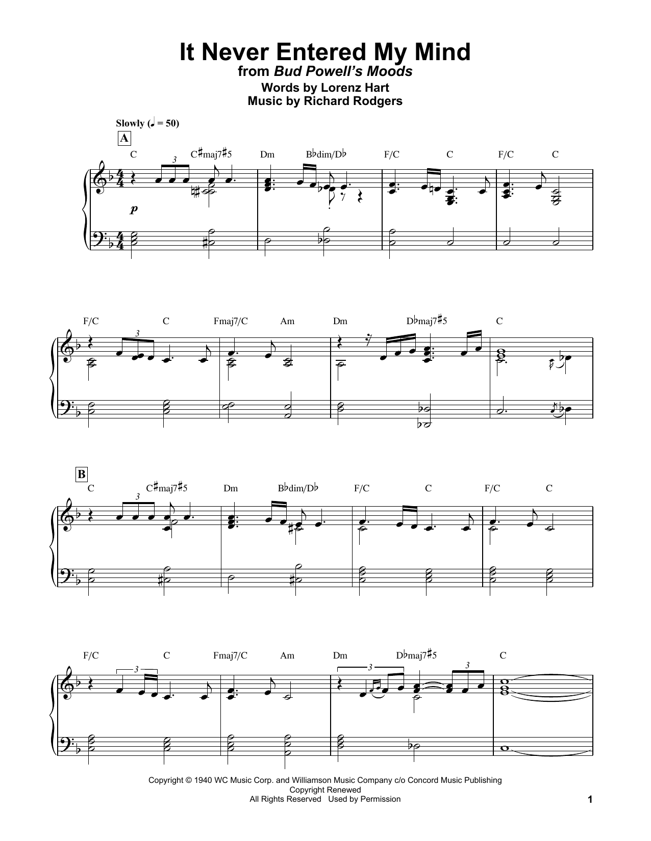 Download Bud Powell It Never Entered My Mind Sheet Music and learn how to play Piano Transcription PDF digital score in minutes