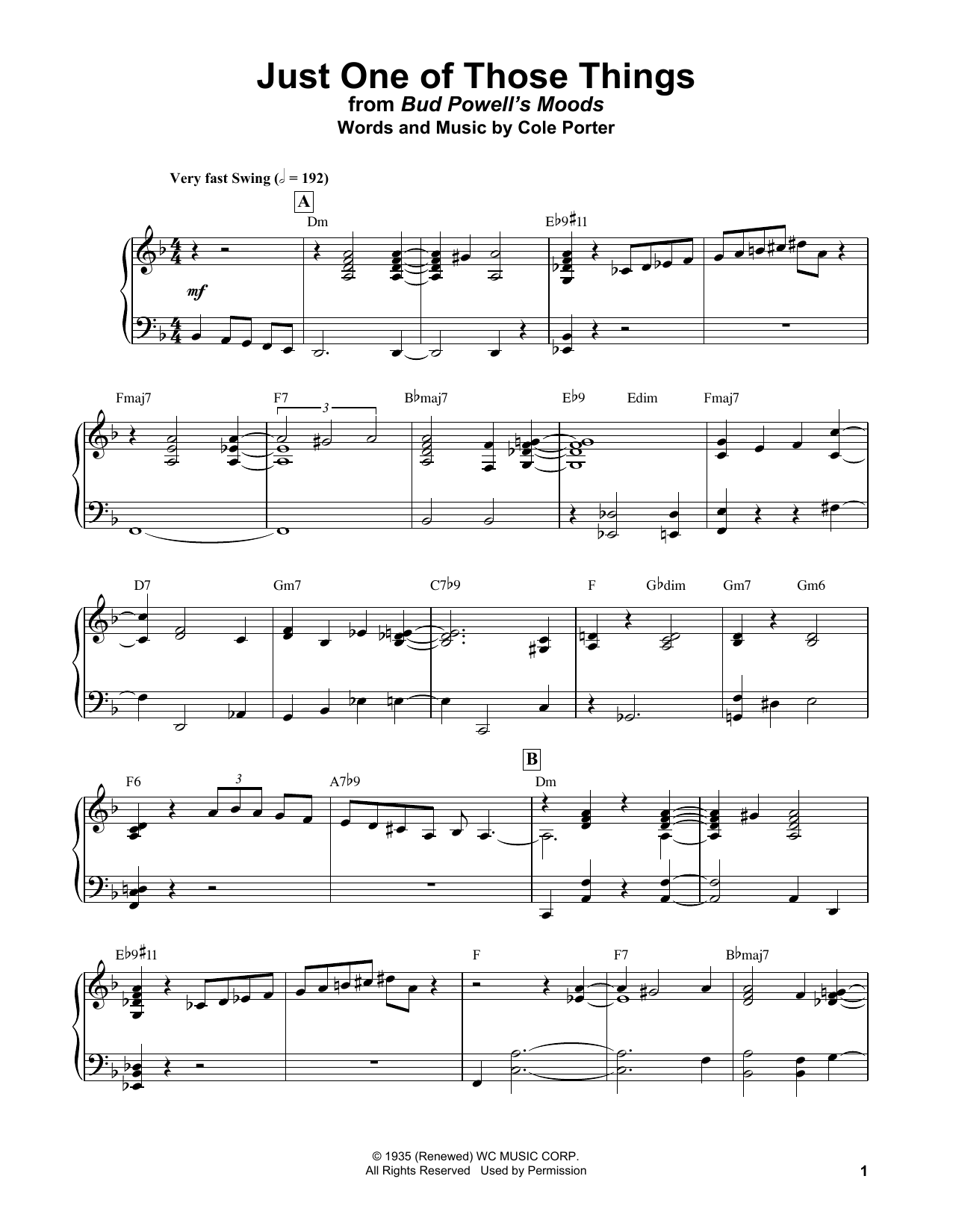 Download Bud Powell Just One Of Those Things Sheet Music and learn how to play Piano Transcription PDF digital score in minutes