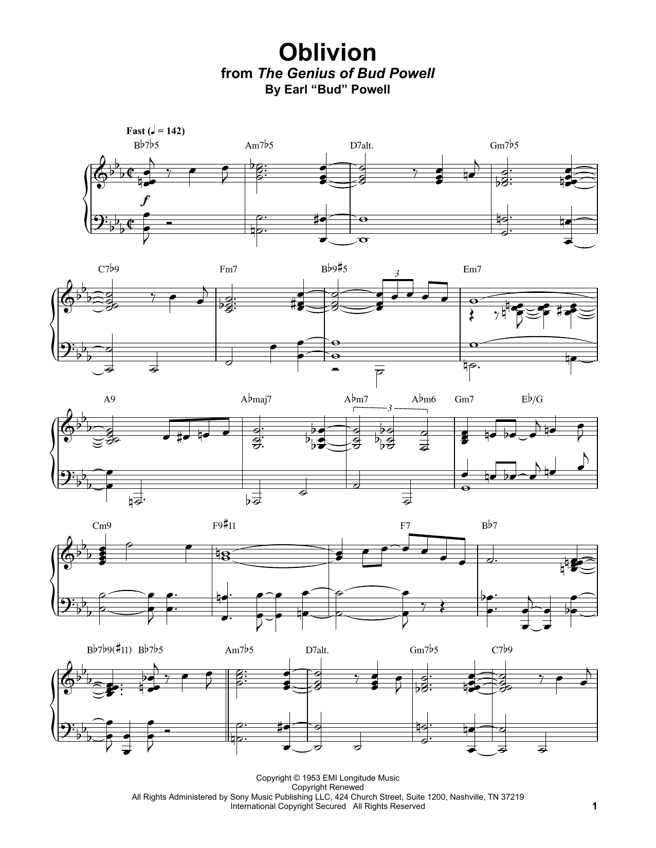 Download Bud Powell Oblivion Sheet Music and learn how to play Real Book – Melody & Chords PDF digital score in minutes