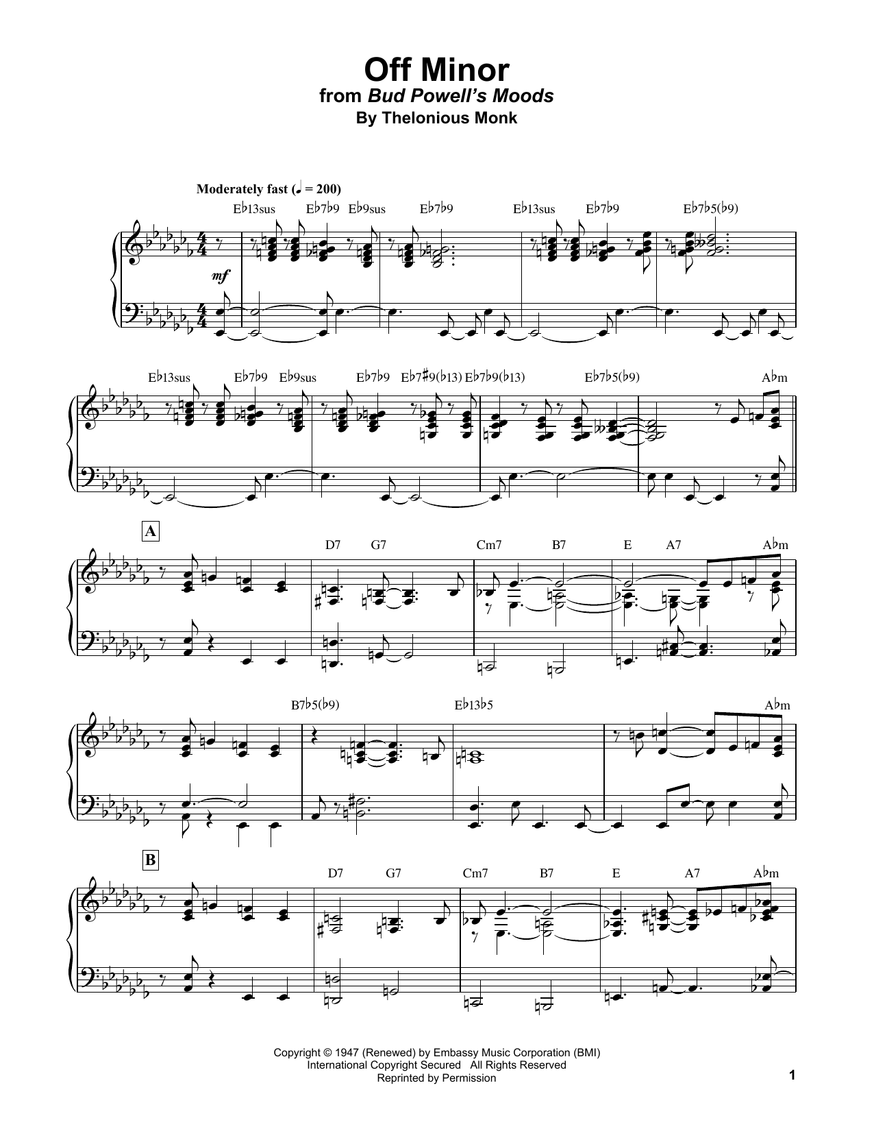 Download Bud Powell Off Minor Sheet Music and learn how to play Piano Transcription PDF digital score in minutes