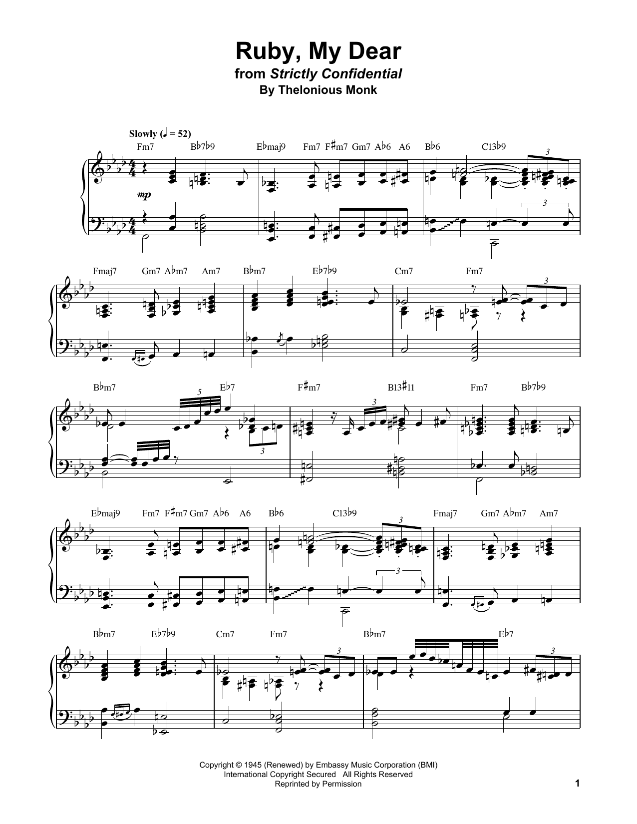Download Bud Powell Ruby, My Dear Sheet Music and learn how to play Piano Transcription PDF digital score in minutes