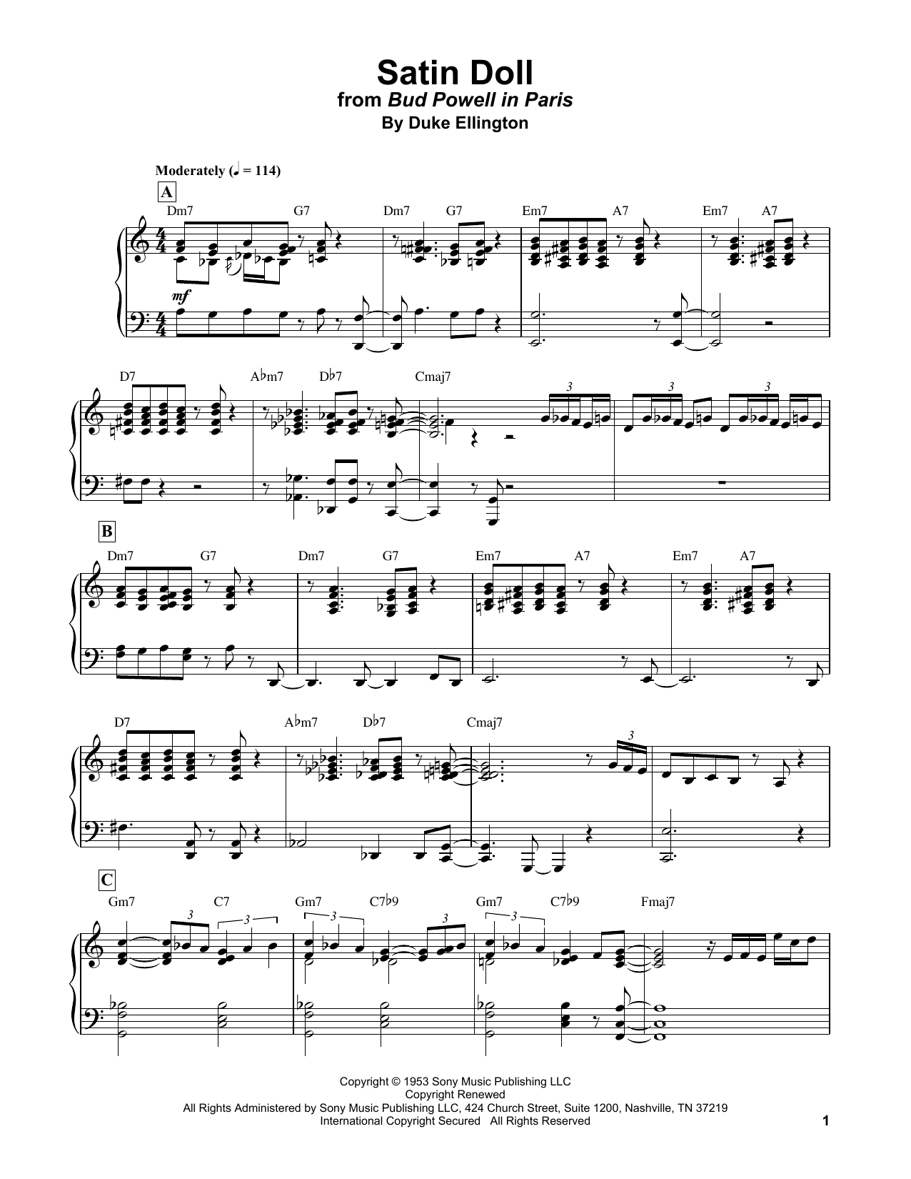 Download Bud Powell Satin Doll Sheet Music and learn how to play Piano Transcription PDF digital score in minutes