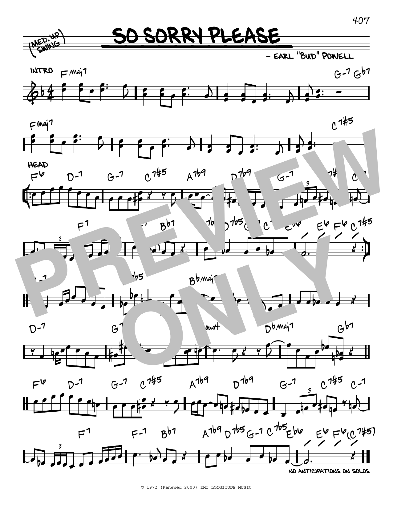 Download Bud Powell So Sorry Please Sheet Music and learn how to play Real Book – Melody & Chords PDF digital score in minutes