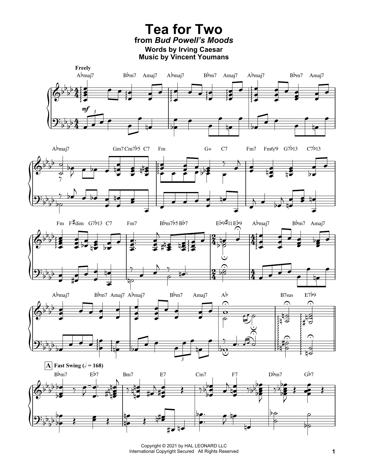 Download Bud Powell Tea For Two (from No, No, Nanette) Sheet Music and learn how to play Piano Transcription PDF digital score in minutes