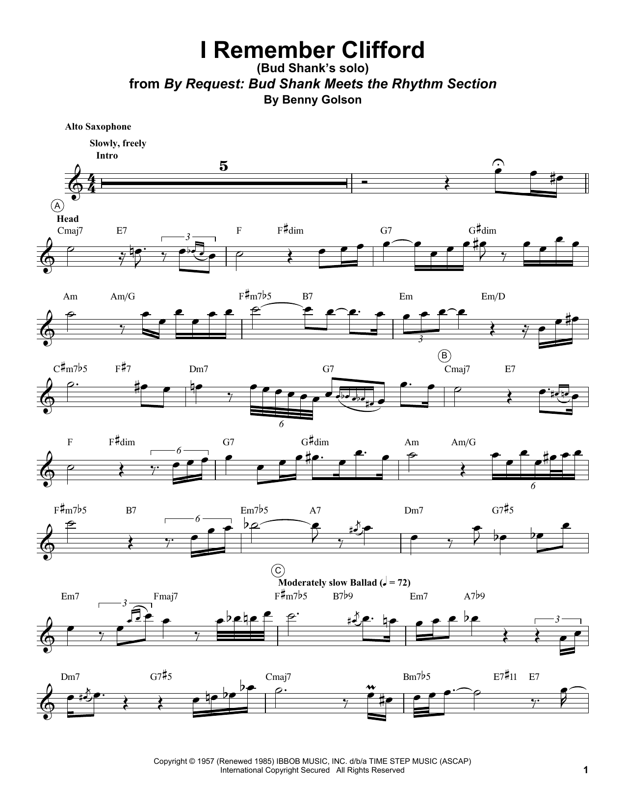 Download Bud Shank I Remember Clifford Sheet Music and learn how to play Alto Sax Transcription PDF digital score in minutes