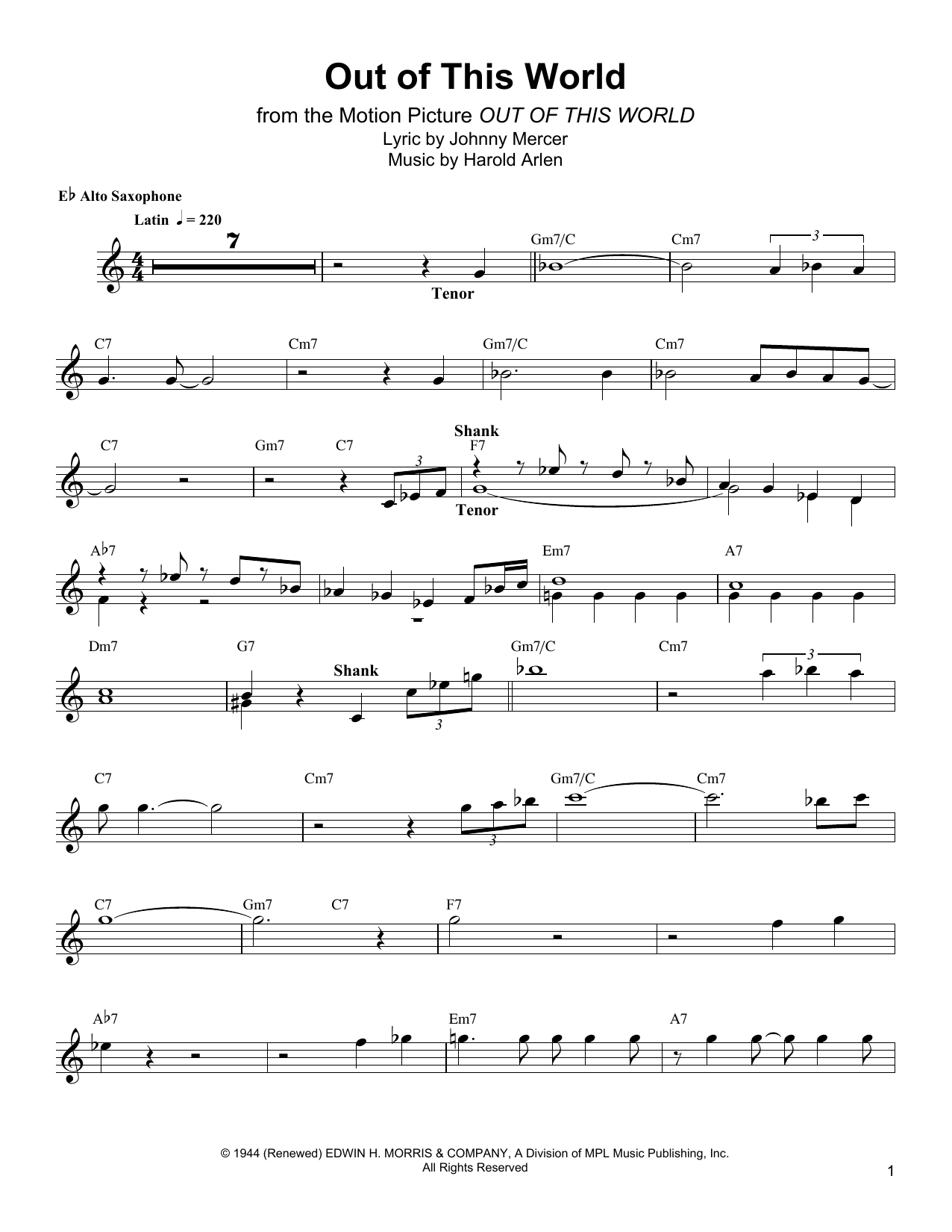 Download Bud Shank Out Of This World Sheet Music and learn how to play Alto Sax Transcription PDF digital score in minutes