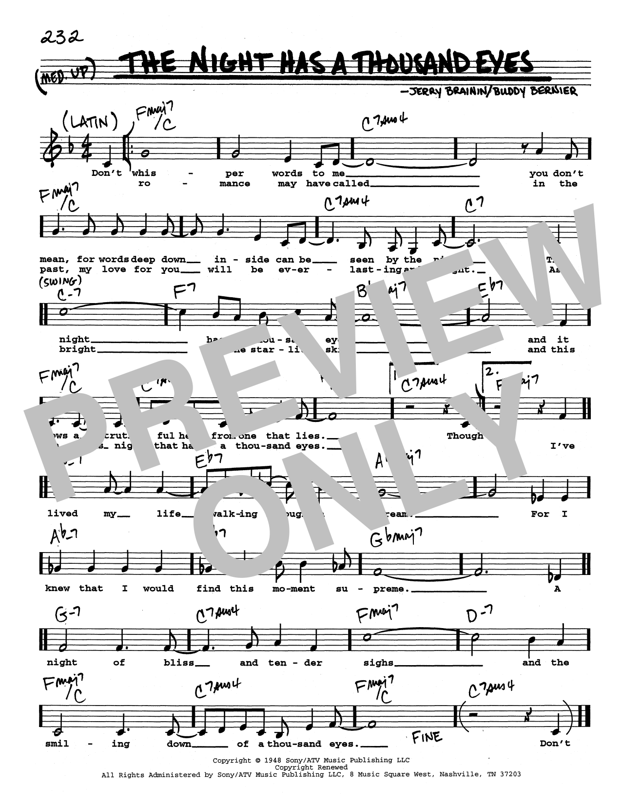 Download Buddy Bernier The Night Has A Thousand Eyes (Low Voice) Sheet Music and learn how to play Real Book – Melody, Lyrics & Chords PDF digital score in minutes