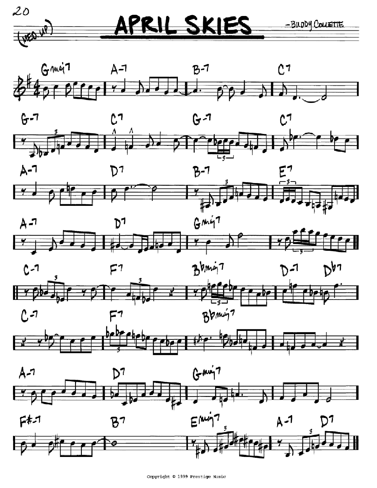 Download Buddy Collette April Skies Sheet Music and learn how to play Real Book - Melody & Chords - C Instruments PDF digital score in minutes