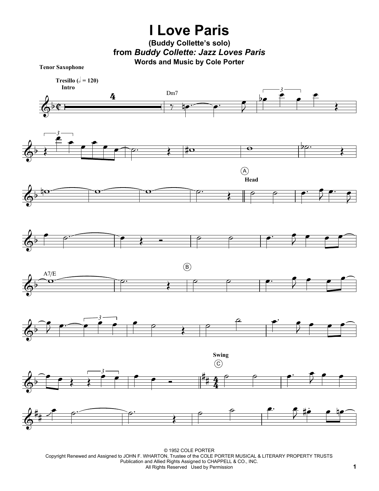 Download Buddy Collette I Love Paris Sheet Music and learn how to play Tenor Sax Transcription PDF digital score in minutes