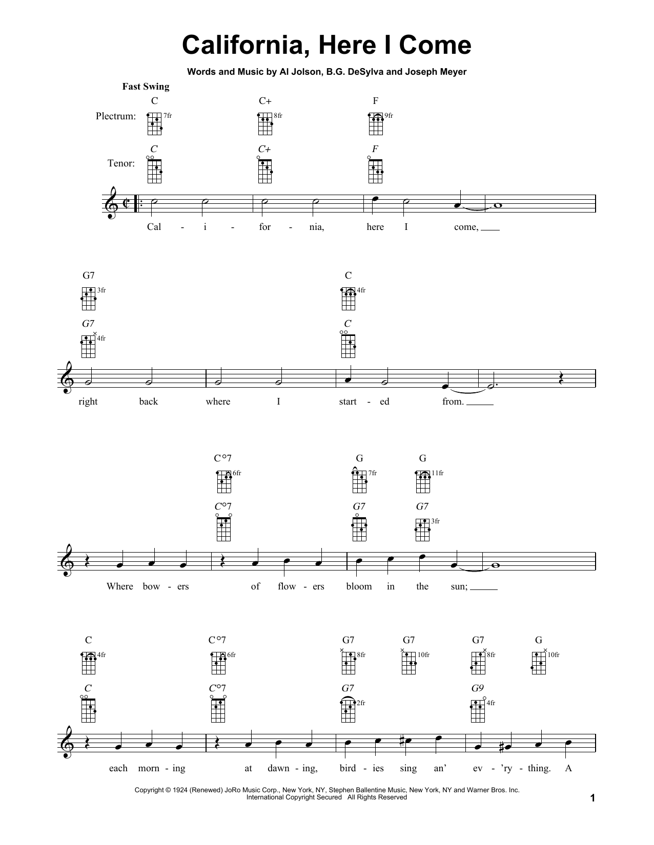 Download B.G. DeSylva California, Here I Come Sheet Music and learn how to play Banjo PDF digital score in minutes