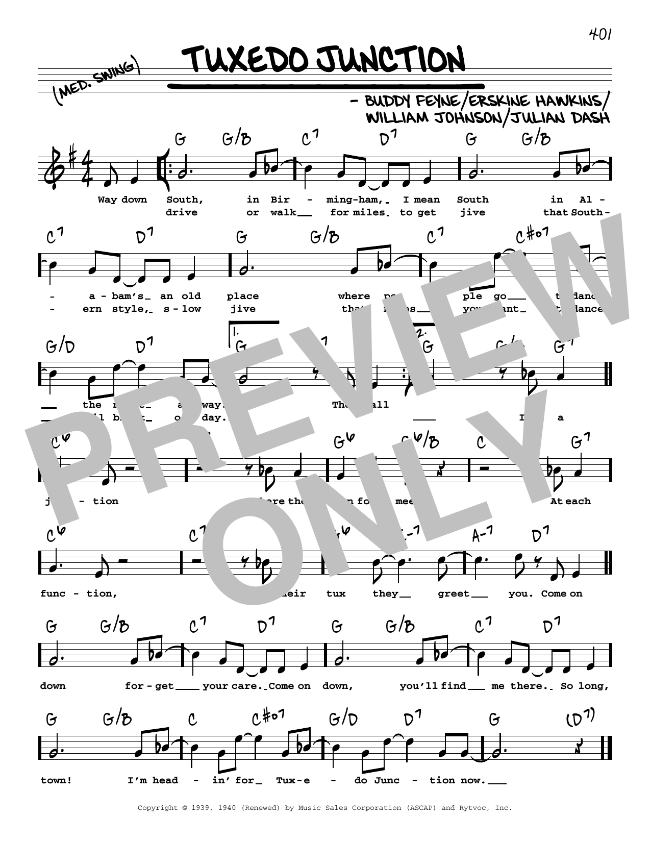 Download Buddy Feyne Tuxedo Junction (High Voice) Sheet Music and learn how to play Real Book – Melody, Lyrics & Chords PDF digital score in minutes