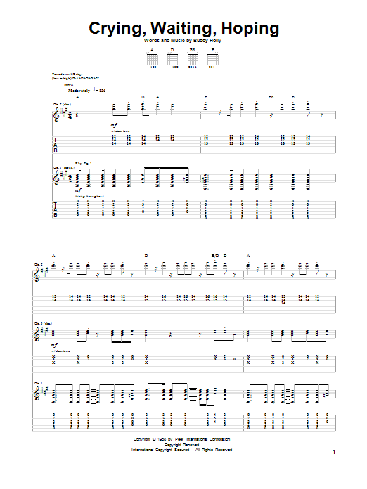 Download Buddy Holly Crying, Waiting, Hoping Sheet Music and learn how to play Piano, Vocal & Guitar (Right-Hand Melody) PDF digital score in minutes