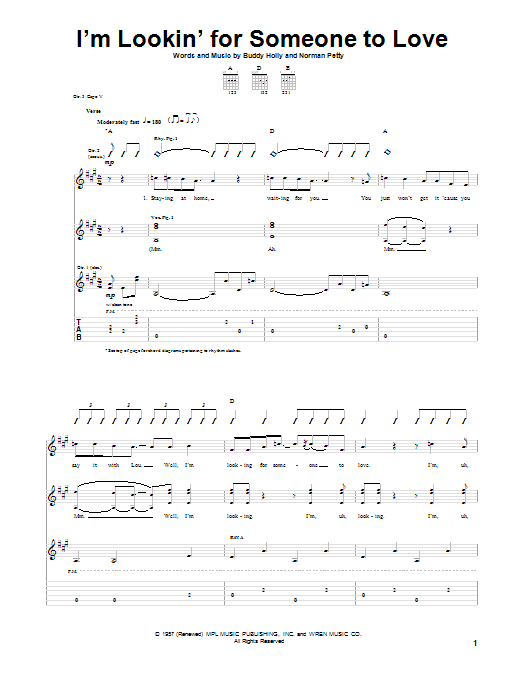 Download Buddy Holly I'm Looking For Someone To Love Sheet Music and learn how to play Piano, Vocal & Guitar (Right-Hand Melody) PDF digital score in minutes