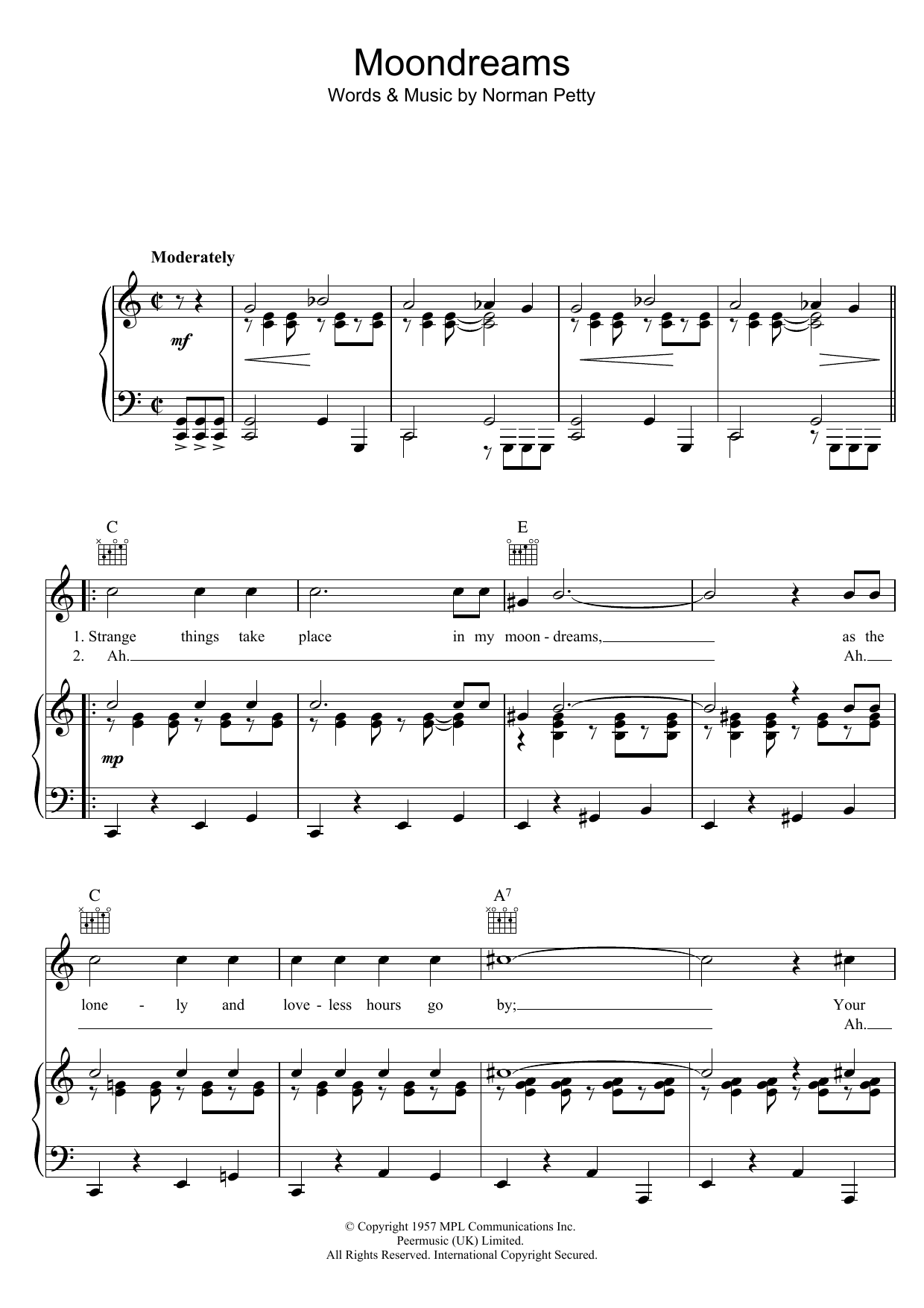 Download Buddy Holly Moondreams Sheet Music and learn how to play Piano, Vocal & Guitar (Right-Hand Melody) PDF digital score in minutes