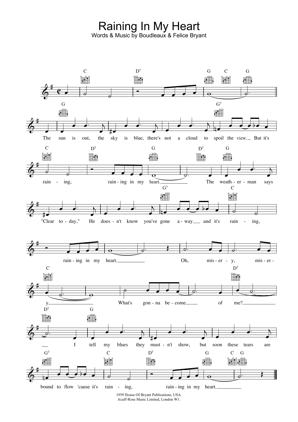 Download Buddy Holly Raining In My Heart Sheet Music and learn how to play Melody Line, Lyrics & Chords PDF digital score in minutes