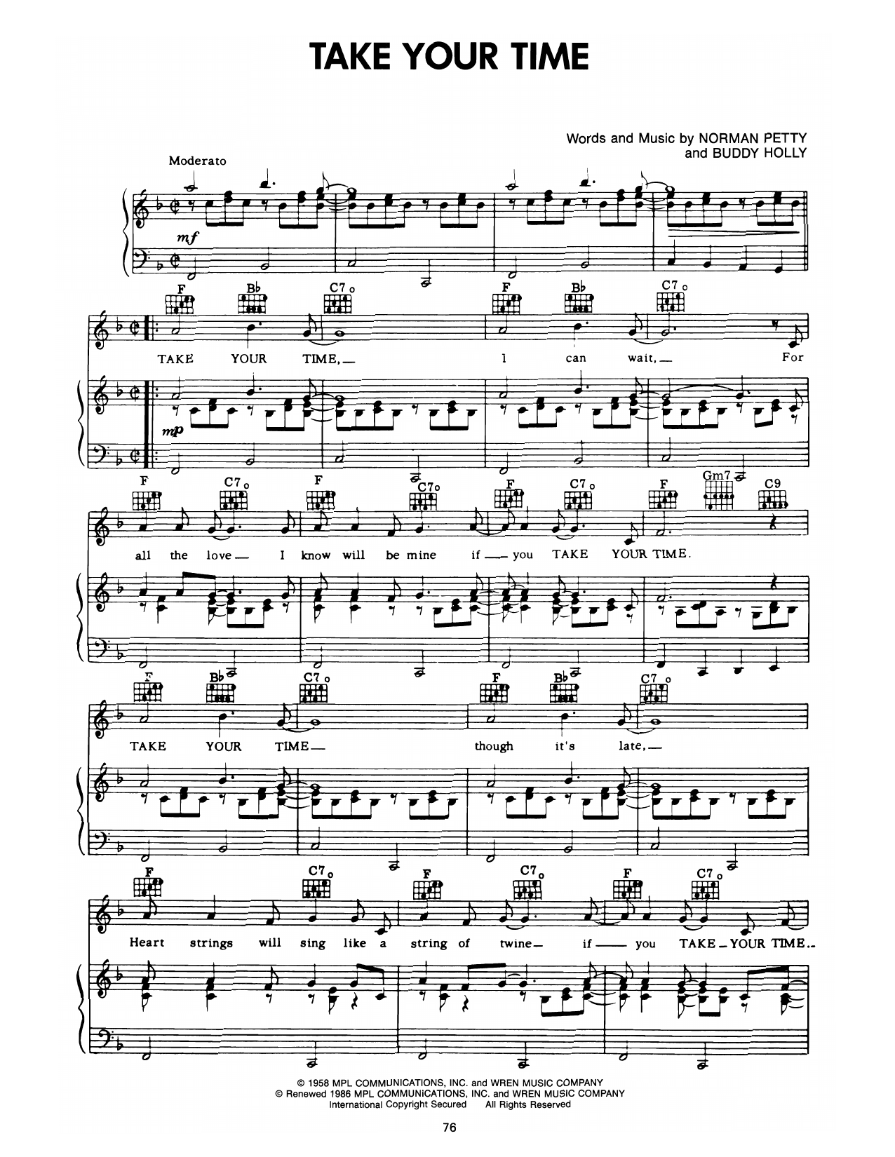 Download Buddy Holly Take Your Time Sheet Music and learn how to play Piano, Vocal & Guitar Chords (Right-Hand Melody) PDF digital score in minutes