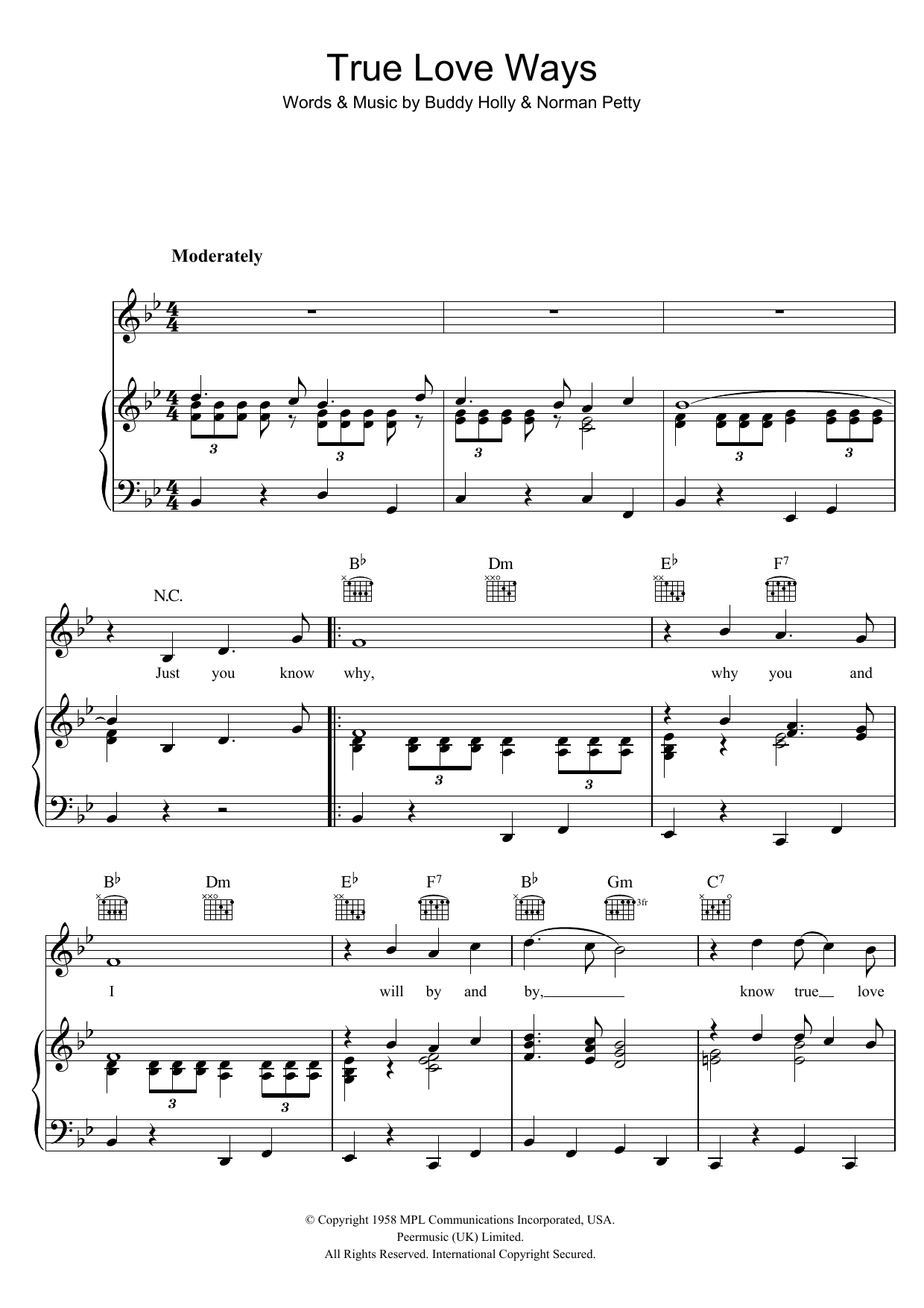 Download Buddy Holly True Love Ways Sheet Music and learn how to play Very Easy Piano PDF digital score in minutes