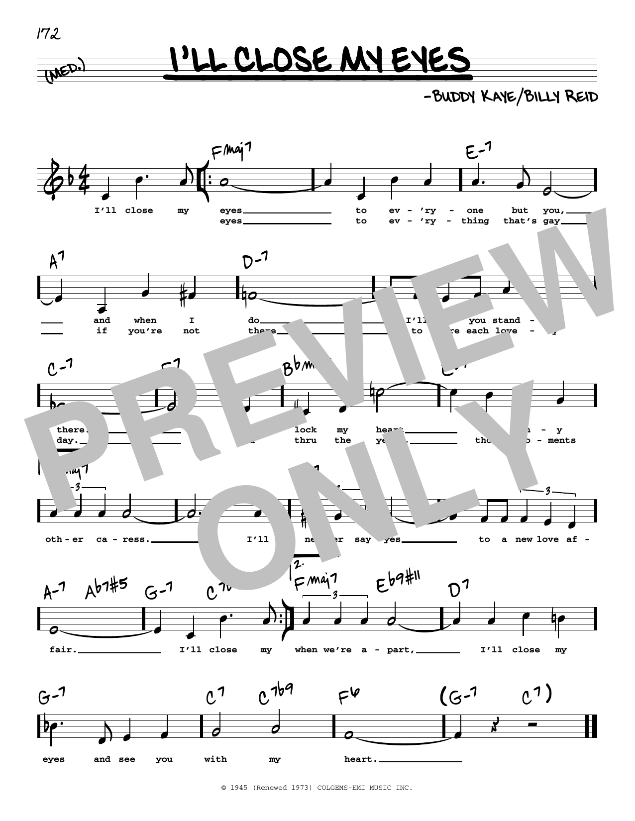 Download Buddy Kaye I'll Close My Eyes (Low Voice) Sheet Music and learn how to play Real Book – Melody, Lyrics & Chords PDF digital score in minutes