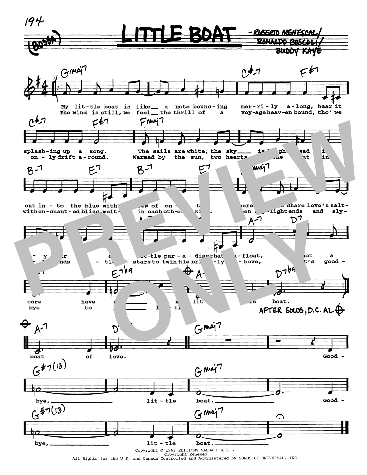 Download Buddy Kaye Little Boat (O Barquinho) (Low Voice) Sheet Music and learn how to play Real Book – Melody, Lyrics & Chords PDF digital score in minutes