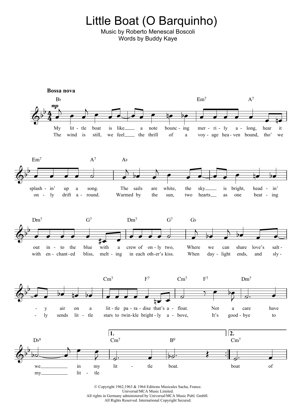 Download Buddy Kaye Little Boat (O Barquinho) Sheet Music and learn how to play Melody Line, Lyrics & Chords PDF digital score in minutes