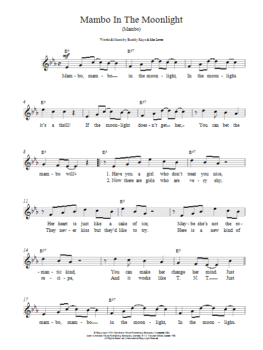 Download Buddy Kaye Mambo In The Moonlight Sheet Music and learn how to play Melody Line, Lyrics & Chords PDF digital score in minutes