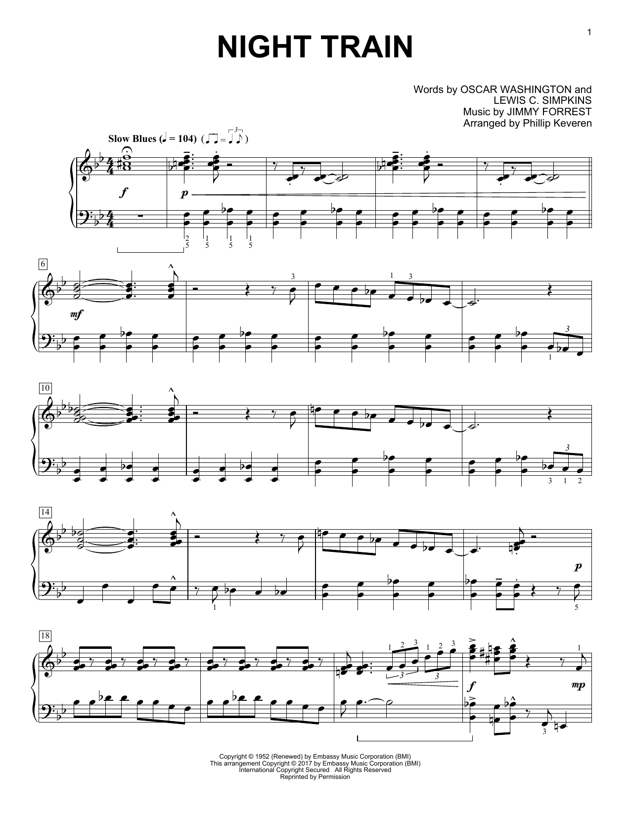 Download Buddy Morrlow Night Train (arr. Phillip Keveren) Sheet Music and learn how to play Piano Solo PDF digital score in minutes