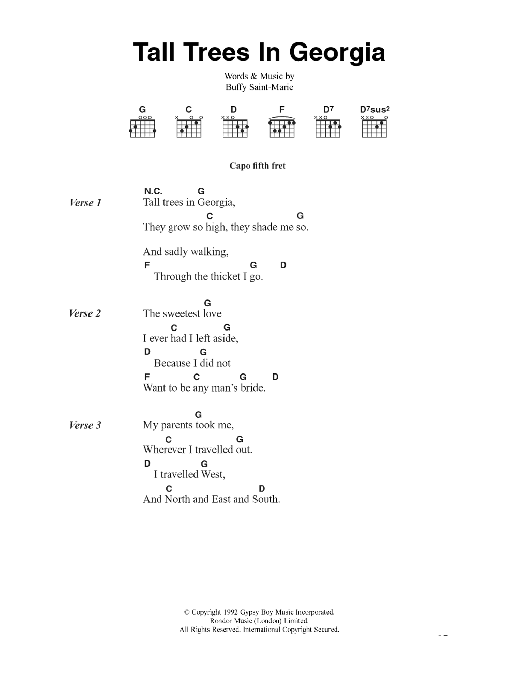 Download Buffy Saint-Marie Tall Trees In Georgia Sheet Music and learn how to play Lyrics & Chords PDF digital score in minutes