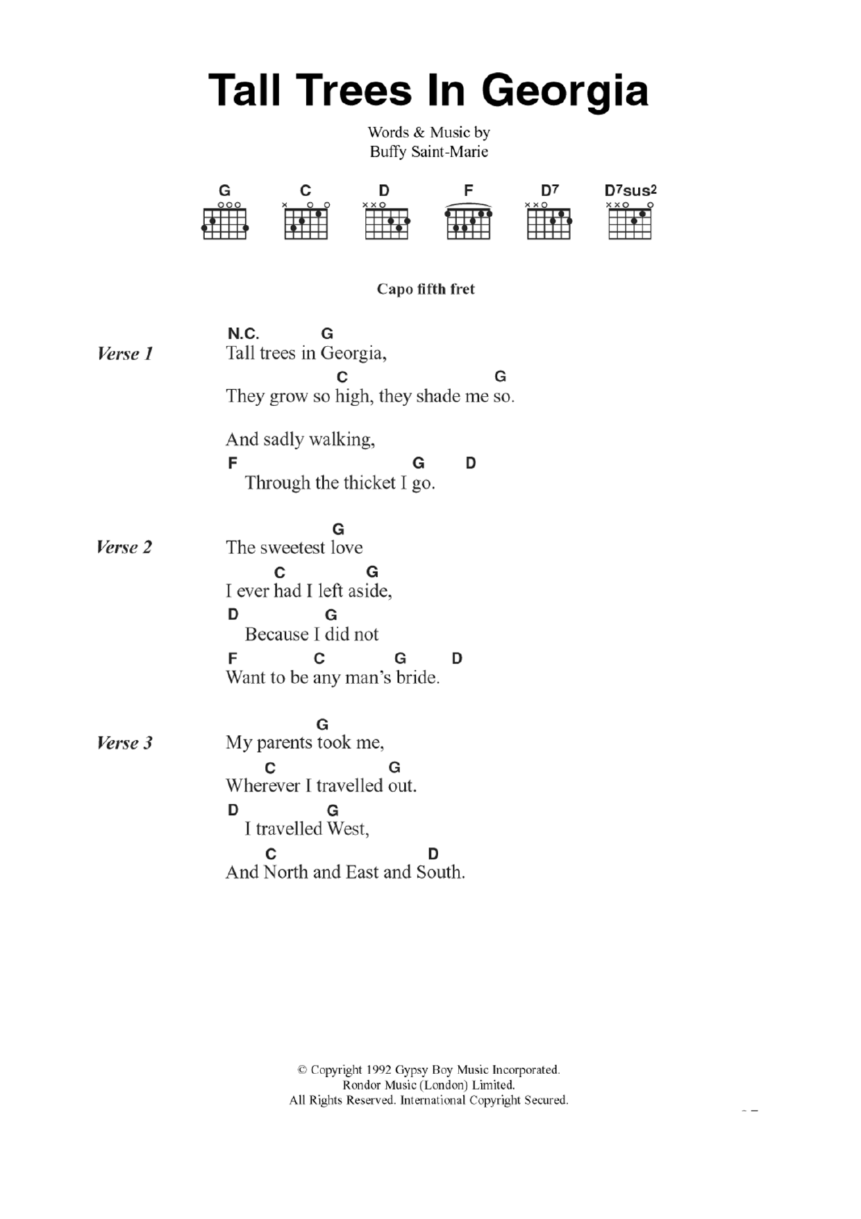 Download Buffy Sainte-Marie Tall Trees In Georgia Sheet Music and learn how to play Guitar Chords/Lyrics PDF digital score in minutes