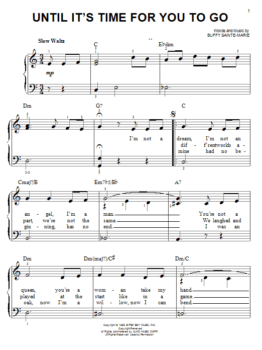 Download Buffy Sainte-Marie Until It's Time For You To Go Sheet Music and learn how to play Piano, Vocal & Guitar (Right-Hand Melody) PDF digital score in minutes