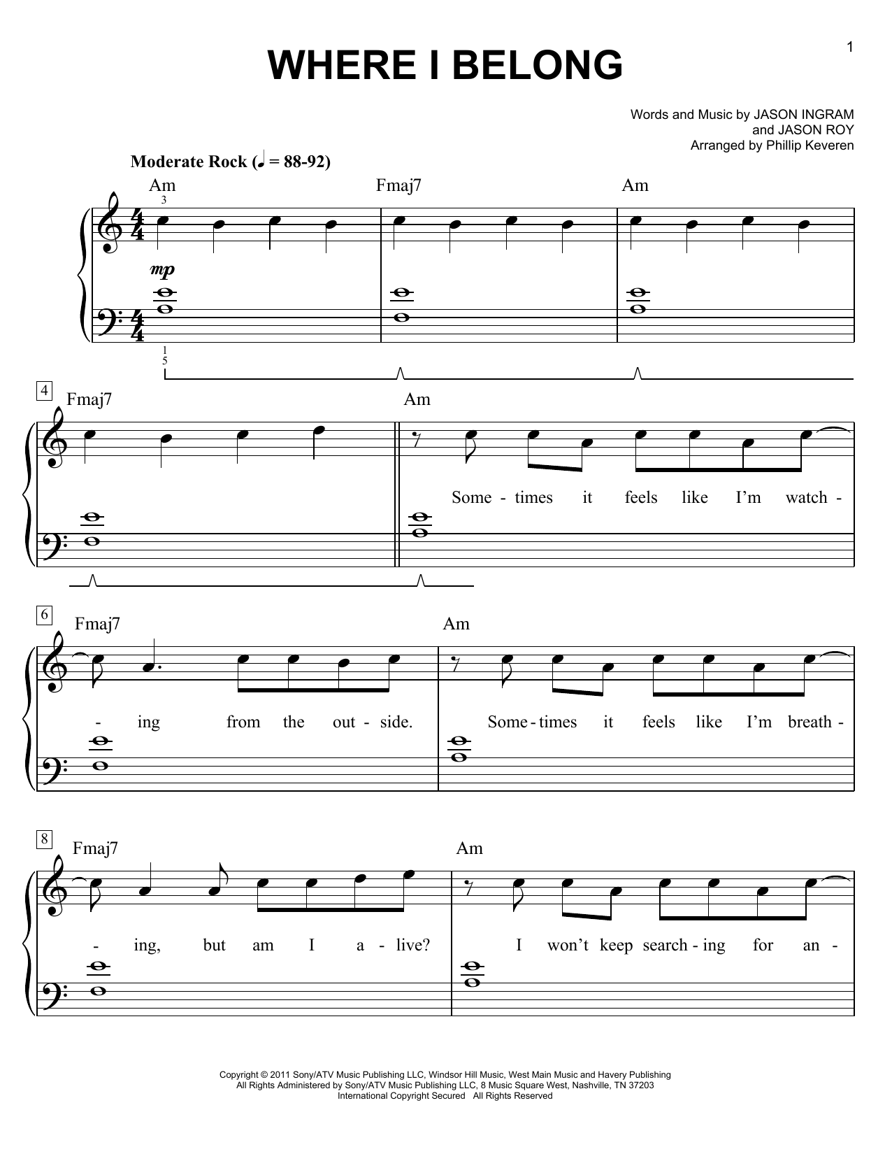 Download Jason Roy Where I Belong Sheet Music and learn how to play Easy Piano PDF digital score in minutes