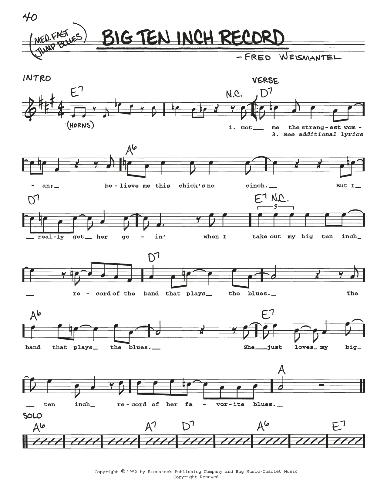 Download Bull Moose Jackson Big Ten Inch Record Sheet Music and learn how to play Real Book – Melody, Lyrics & Chords PDF digital score in minutes