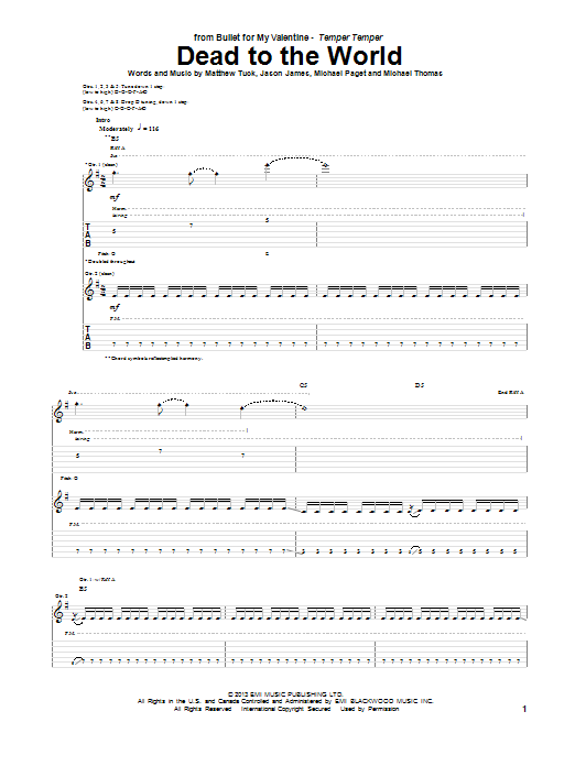 Download Bullet For My Valentine Dead To The World Sheet Music and learn how to play Guitar Tab PDF digital score in minutes