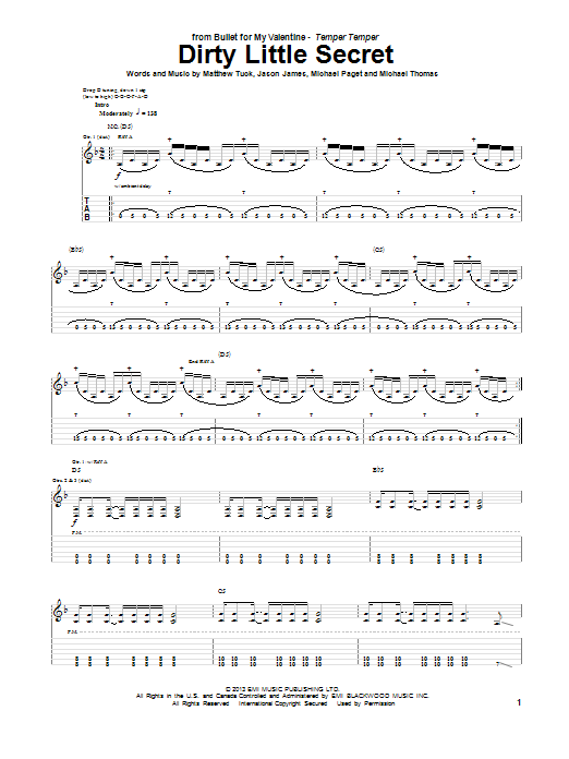 Download Bullet For My Valentine Dirty Little Secret Sheet Music and learn how to play Guitar Tab PDF digital score in minutes