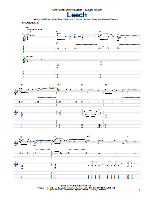 Download Bullet For My Valentine Leech Sheet Music and learn how to play Guitar Tab PDF digital score in minutes